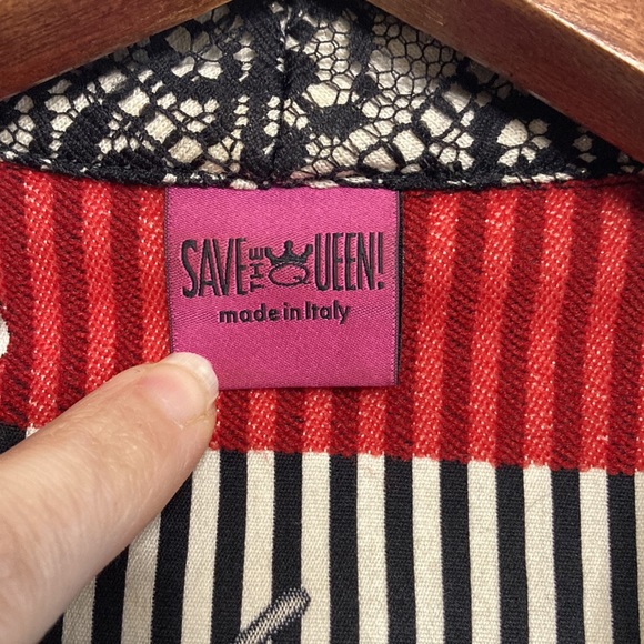 Save the Queen Blazer Womens Large Black White Red Floral Stripe Sheer Stretch - Picture 13 of 15